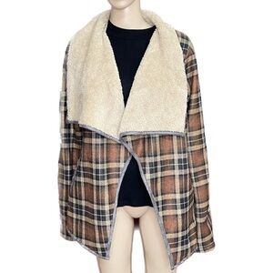 Brown Plaid Sherpa Lined Open Front Jacket Oversized Small
